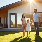 **Family Protected:** A happy family (parents and children) standing in front of a modern house, bathed in warm sunlight, symbolizing life insurance and financial security.