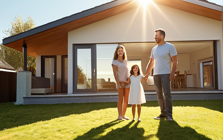 **Family Protected:** A happy family (parents and children) standing in front of a modern house, bathed in warm sunlight, symbolizing life insurance and financial security.