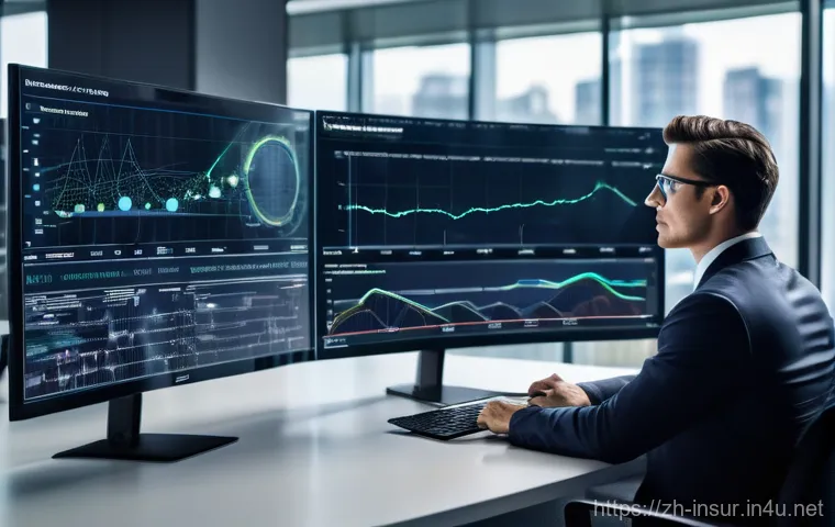 보험계리사와 실습 케이스 분석 - A highly intelligent and focused actuary, dressed in professional business attire, intently analyzin...