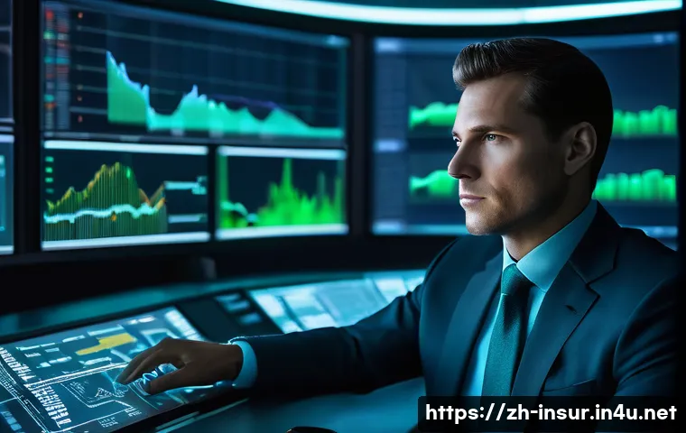 보험계리사와 커리어 멘토링 - A professional male actuary, mid-30s, with a focused yet calm expression, is seated in a sleek, futu...