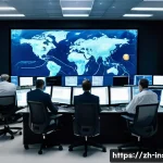 보험계리사와 보험 사고율 변화 - **Prompt:** A dramatic, high-contrast image depicting a futuristic insurance operations center simul...