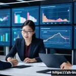 보험계리사와 고객 분류 전략 - A modern insurance actuary office scene showcasing a diverse team of professionals analyzing multi-d...