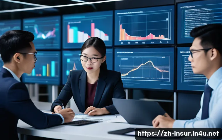 보험계리사와 고객 분류 전략 - A modern insurance actuary office scene showcasing a diverse team of professionals analyzing multi-d...