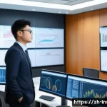 보험계리사와 관련된 전공 과목 - A modern insurance actuary office scene, featuring a confident Asian professional analyzing complex ...