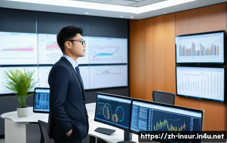 보험계리사와 관련된 전공 과목 - A modern insurance actuary office scene, featuring a confident Asian professional analyzing complex ...