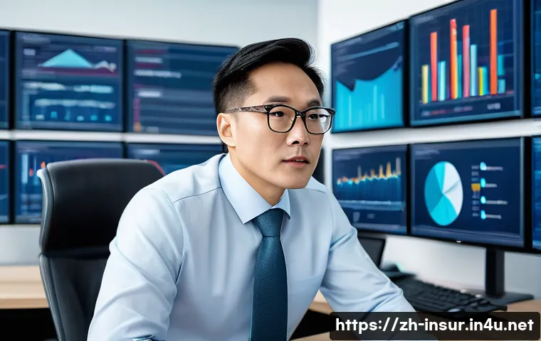 보험계리사와 계약자 혜택 분석 - A modern office scene showing an actuary at work, analyzing complex insurance data on multiple compu...