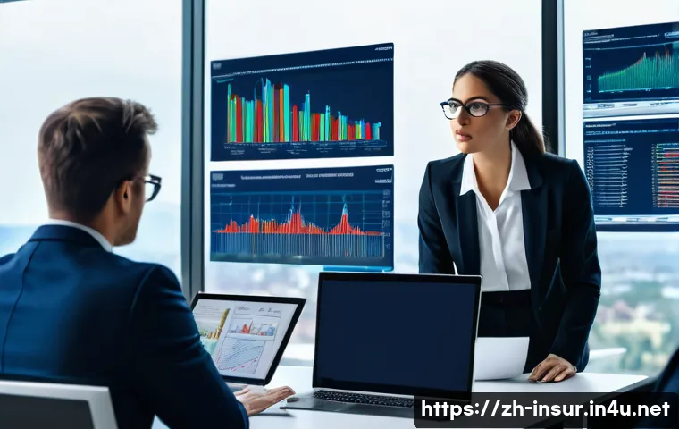 보험계리사와 재무 건전성 평가 - A modern insurance actuary office scene featuring a diverse team of professionals analyzing complex ...