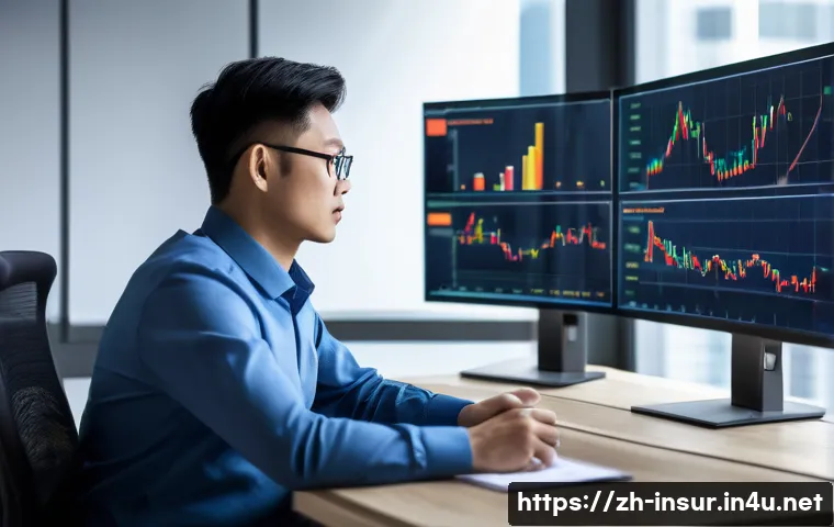 보험계리사와 보장 자산 관리 - A professional actuary in a modern office environment, analyzing complex risk data on multiple compu...