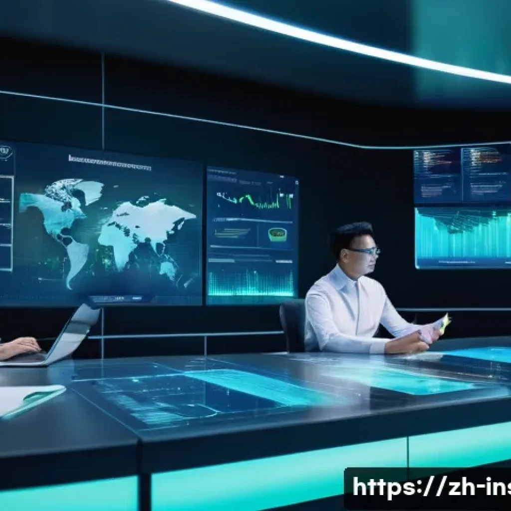 보험계리사와 통합보험 솔루션 - A futuristic insurance data analysis center with multiple holographic screens displaying multidimens...