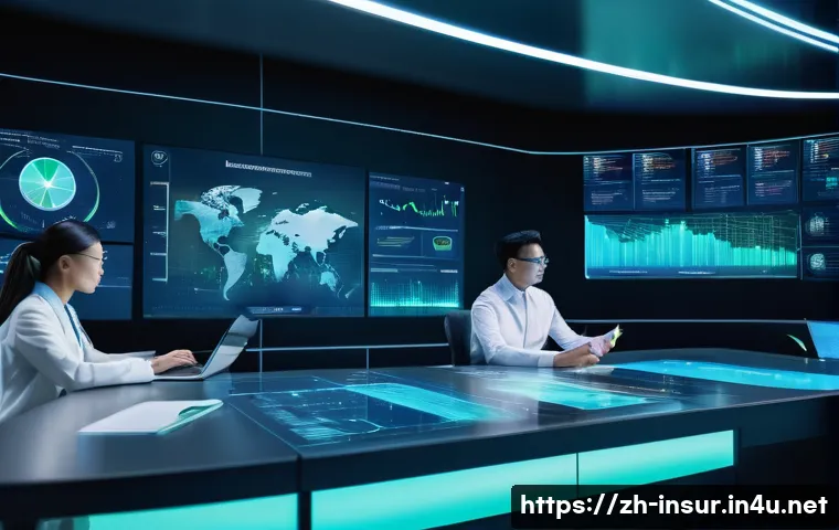 보험계리사와 통합보험 솔루션 - A futuristic insurance data analysis center with multiple holographic screens displaying multidimens...