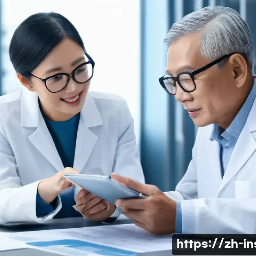보험계리사와 고령자 보험 설계 - A modern insurance office scene featuring an elderly Asian man and a professional actuary discussing...