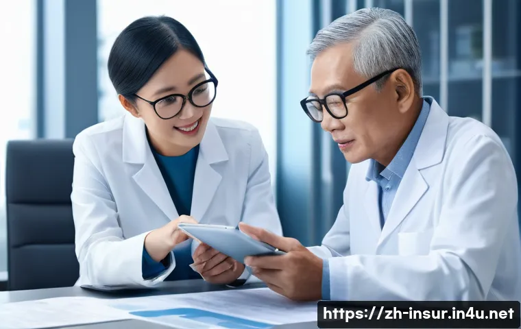보험계리사와 고령자 보험 설계 - A modern insurance office scene featuring an elderly Asian man and a professional actuary discussing...