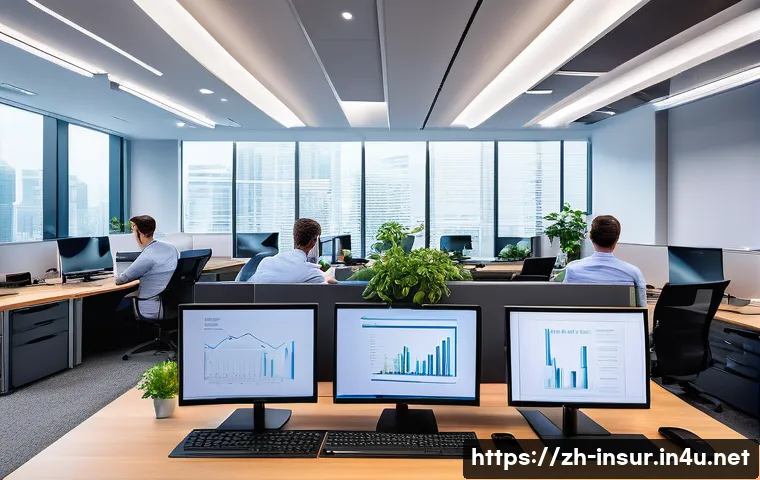 보험계리사와 데이터 정제 - A modern insurance actuary office scene with a diverse team of professionals analyzing large dataset...