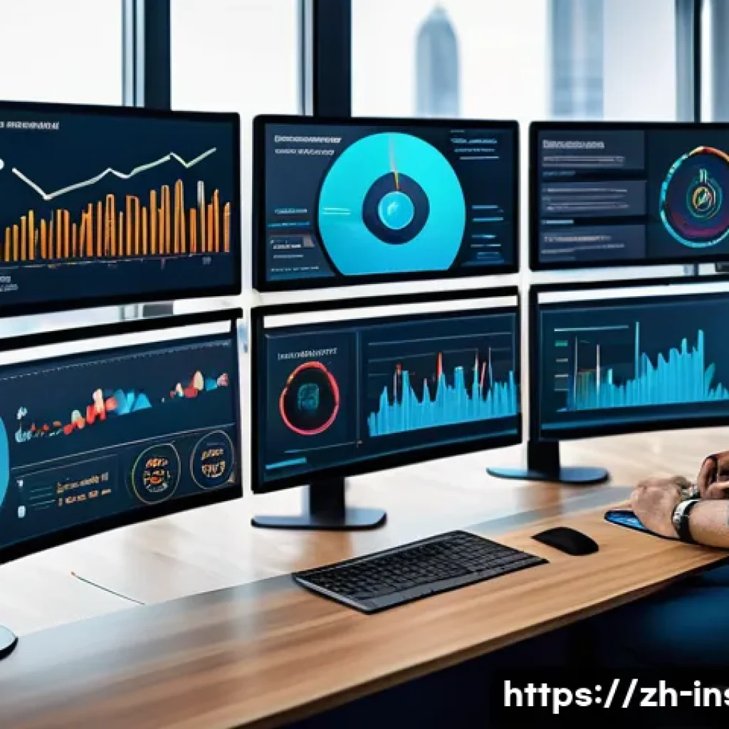 보험계리사와 보험료 재조정 - A modern insurance actuary workspace featuring multiple large digital screens displaying complex ris...