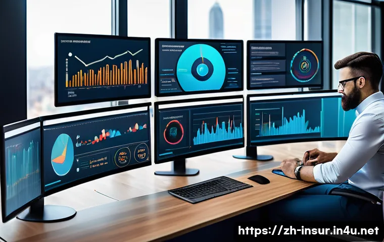보험계리사와 보험료 재조정 - A modern insurance actuary workspace featuring multiple large digital screens displaying complex ris...