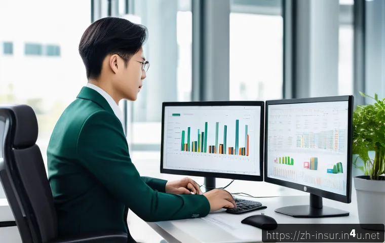 보험계리사 업무 스트레스 관리 - A professional actuarial analyst working efficiently in a modern, well-organized office space, featu...