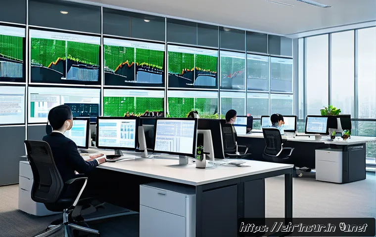 보험계리사와 고객 가치 창출 전략 - A modern insurance actuary office scene showcasing a diverse team analyzing multidimensional data on...