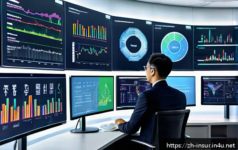 보험계리사와 계약별 리스크 평가 - A modern office scene showing an actuary analyzing complex risk assessment models on multiple large ...