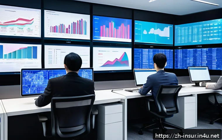 보험계리사 보험료 계산 방식 - A modern insurance data analysis workspace featuring a diverse team of professionals examining large...