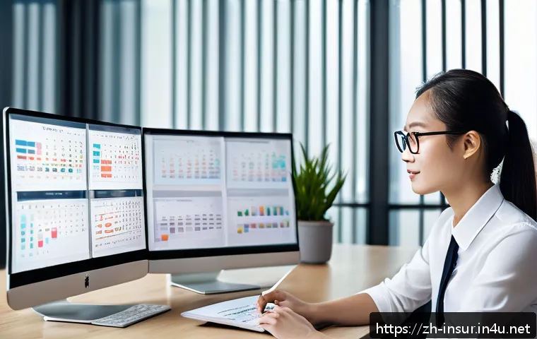 보험계리사와 보험회사 문화 - A modern insurance actuary&rsquo;s workspace during a busy day, showing a young professional in business c...