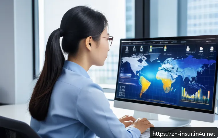 보험계리사와 재해보험 분석 - A professional actuary in a modern office environment, analyzing multi-source risk data on multiple ...