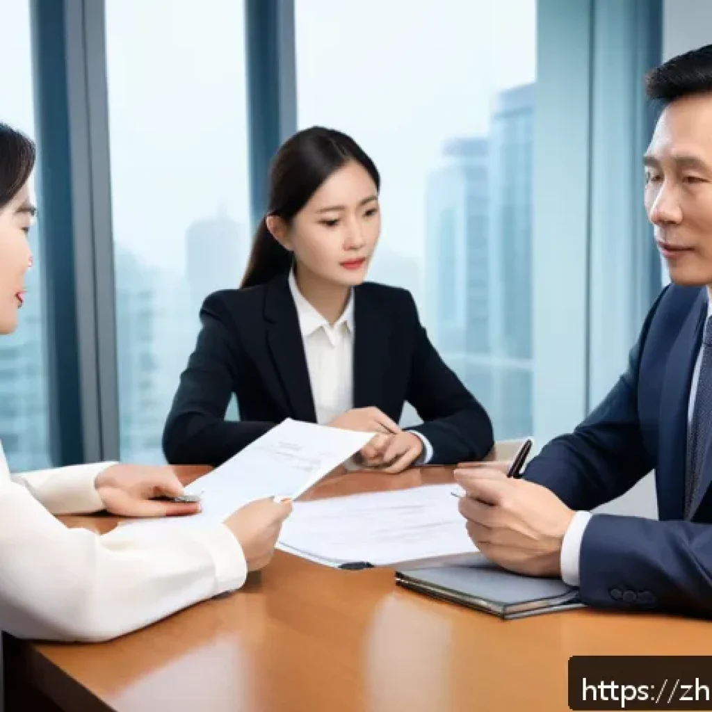 보험계리사와 보험 판매 전략 - A professional Chinese insurance agent attentively listening to a middle-aged Chinese couple in a mo...