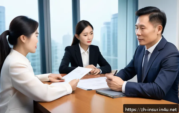 보험계리사와 보험 판매 전략 - A professional Chinese insurance agent attentively listening to a middle-aged Chinese couple in a mo...