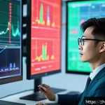 보험계리사와 머신러닝 활용 - A futuristic insurance data analysis center with diverse screens displaying multi-dimensional risk d...