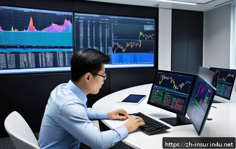 보험계리사와 투자 연계 보험 사례 - A sophisticated financial analyst workspace showcasing a modern office with multiple large monitors ...