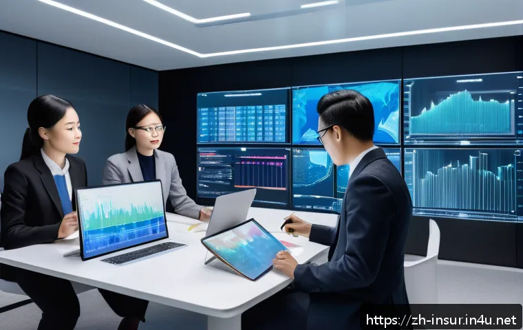보험계리사 실무 사례 분석 - A modern insurance actuary office scene featuring a diverse group of professionals analyzing dynamic...