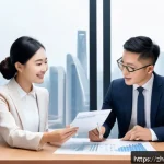 보험계리사와 보험료 할인 전략 - A modern insurance office scene in a Chinese city setting, featuring a professional insurance agent ...