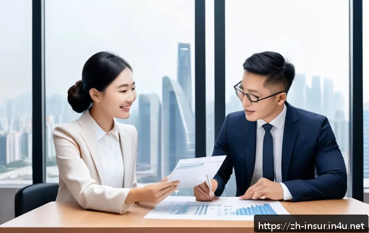 보험계리사와 보험료 할인 전략 - A modern insurance office scene in a Chinese city setting, featuring a professional insurance agent ...
