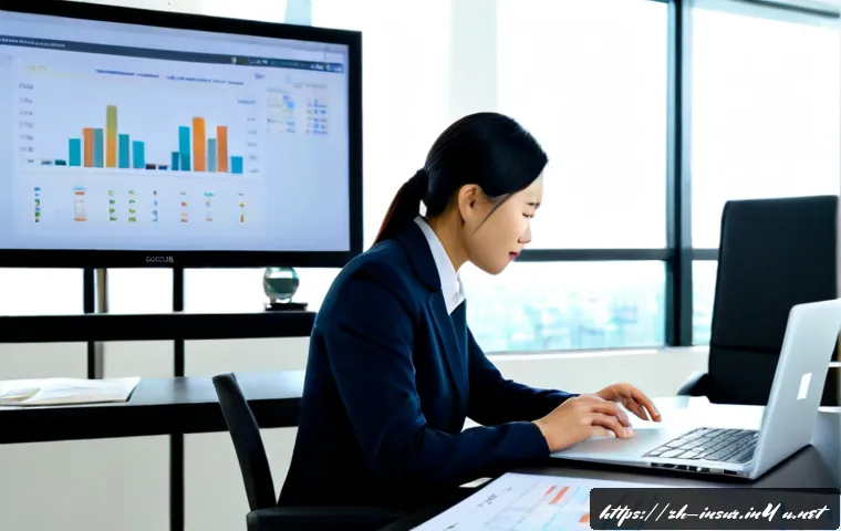 보험계리사와 직무 변화 대응 - Photorealistic modern insurance actuary reviewing risk trends on a large blank data dashboard, seate...